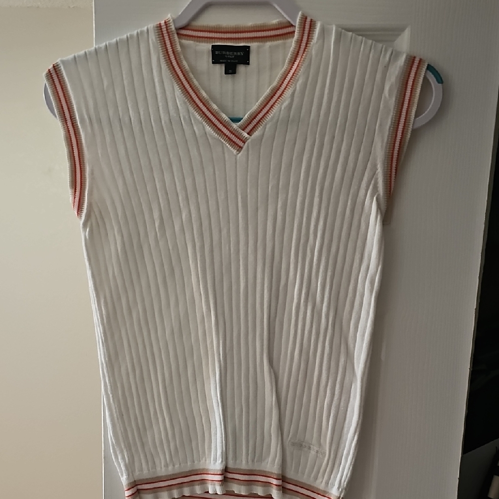 Burberry White Ribbed Tank Top with Red Trim